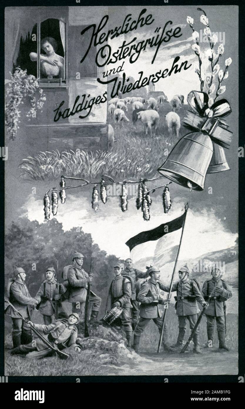 Europa, Germania, Amburgo, Bergedorf, 1. Ostergrüße und einer Zeichnung mit Soldaten, einer Glocke, Weidenkätzchen und eier jungen Frau voller Sehnsucht , Postkarte wurde m 25. 03. 1915 verschickt . / Europa, Germania, Amburgo, Bergedorf, WW i , La Prima guerra mondiale, propaganda, cartolina patriottica di Pasqua con il testo : ' saluti pasquali Più Caldi e la speranza di rivedervi presto ' , anche un disegno che mostra soldati, una campana, salici catkins e una giovane signora triste, cartolina inviata 25 03 191 Foto Stock