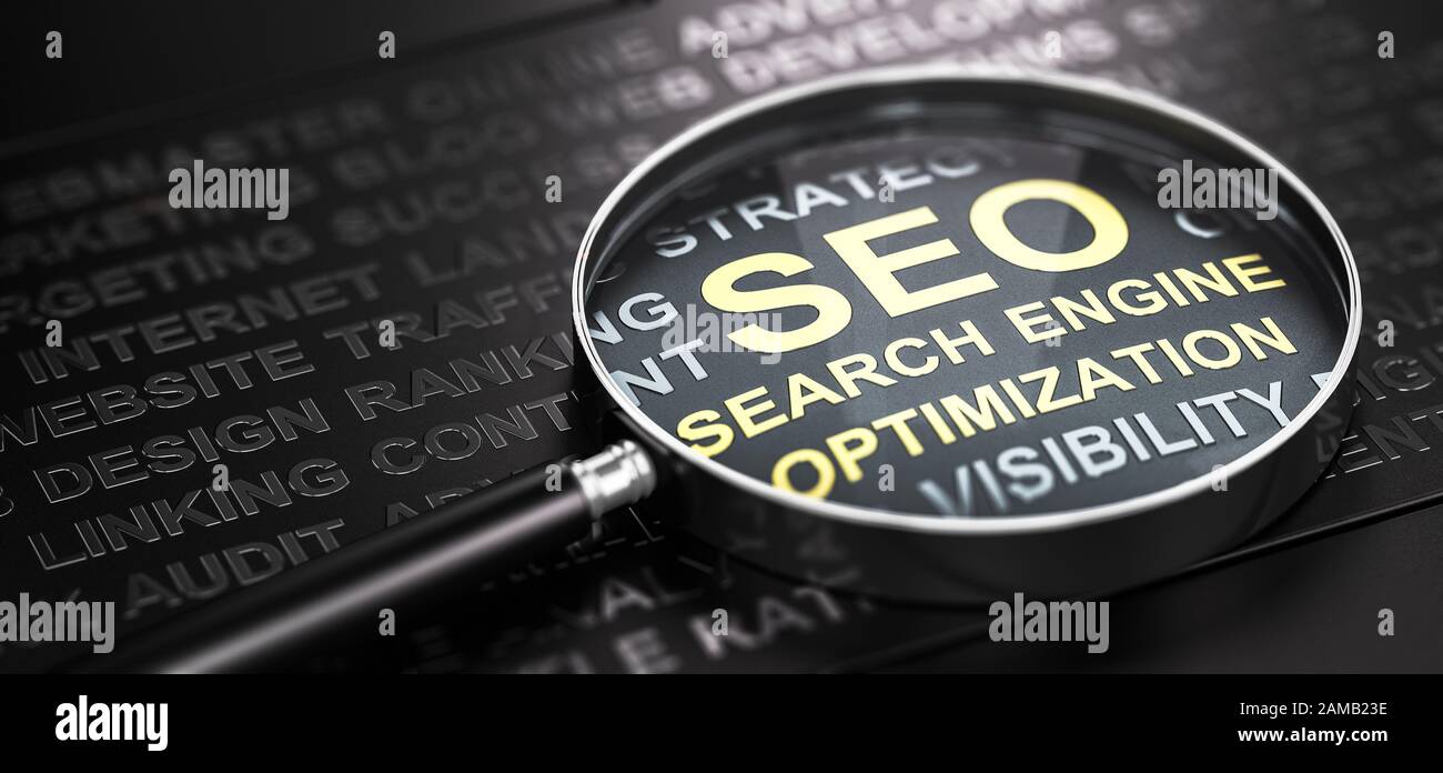 Lente d'ingrandimento e molte parole su sfondo nero, con il testo SEO (Search Engine Optimization) scritto con lettere dorate. Internet marketing Foto Stock