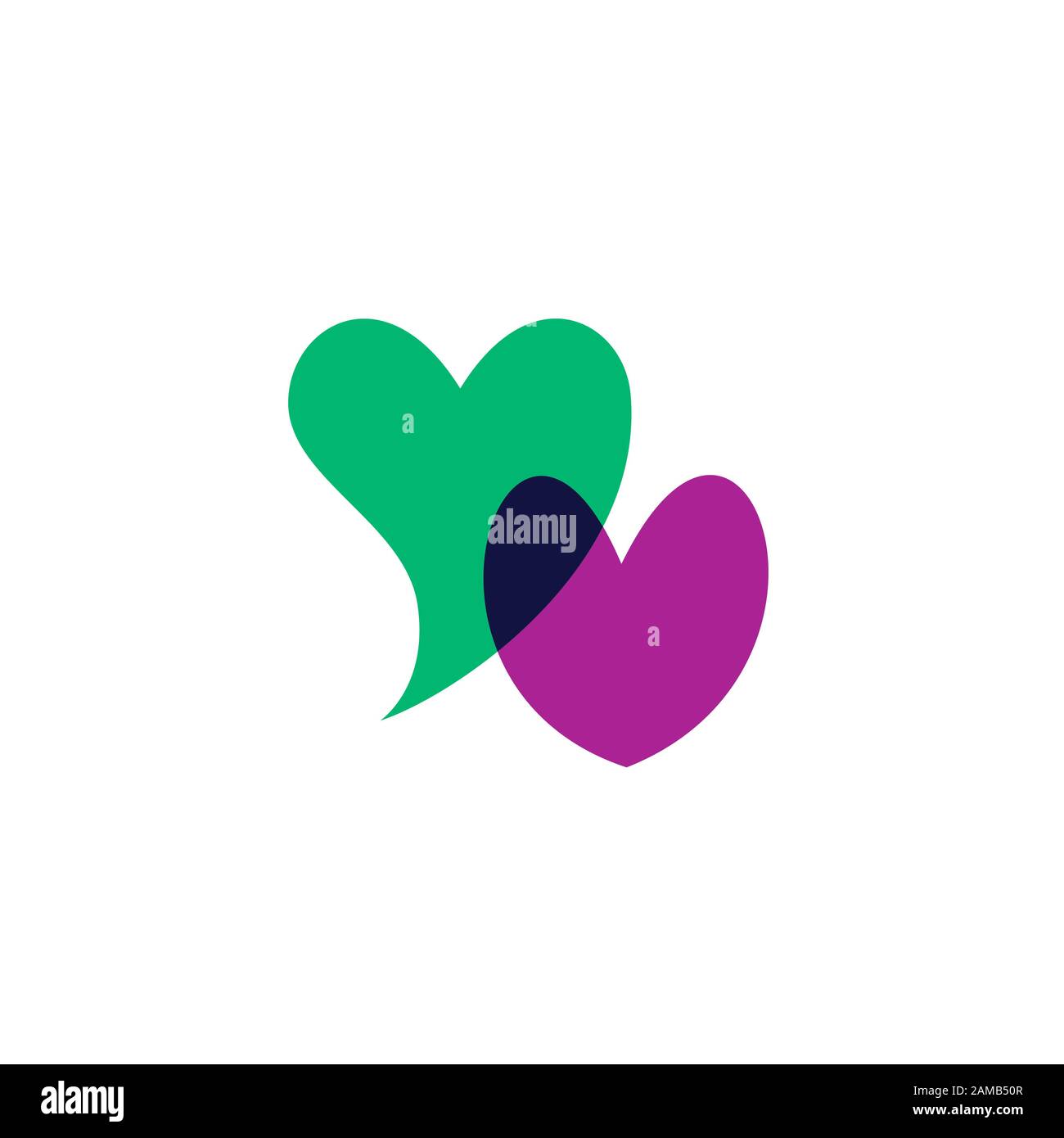 Icona del cuore isolata su sfondo bianco. Simbolo d'amore. Felice San Valentino e elementi di design per matrimoni. Romantico cuore verde e viola. vecto semplice Illustrazione Vettoriale