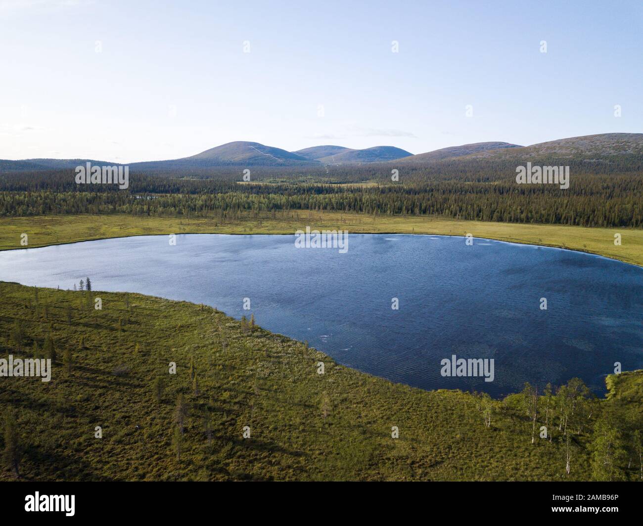 Torbiera del lago con le montagne sullo sfondo Foto Stock