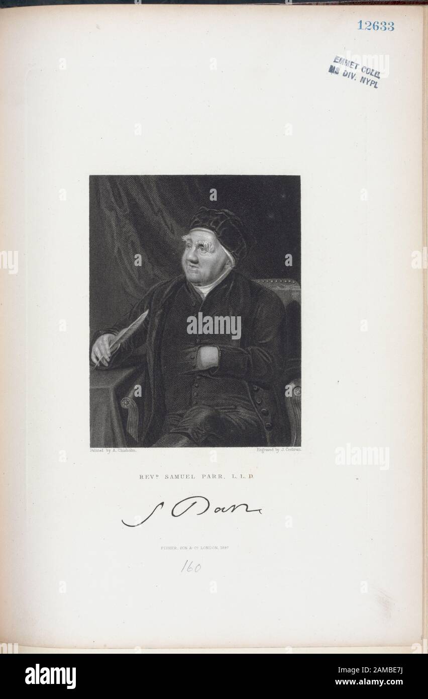 Revd Samuel Parr, Lld Illustrato Da Thomas Addis Emmet, 1880. Il volume 2 è costituito dalle pagine 1-99 del 1865, quarto, edizione del lavoro, volume 3 delle pagine 99-213, volume 5 delle pagine 303-400. Citazione/Riferimento: Em12633; Revd. Samuel Parr, L.D. Foto Stock