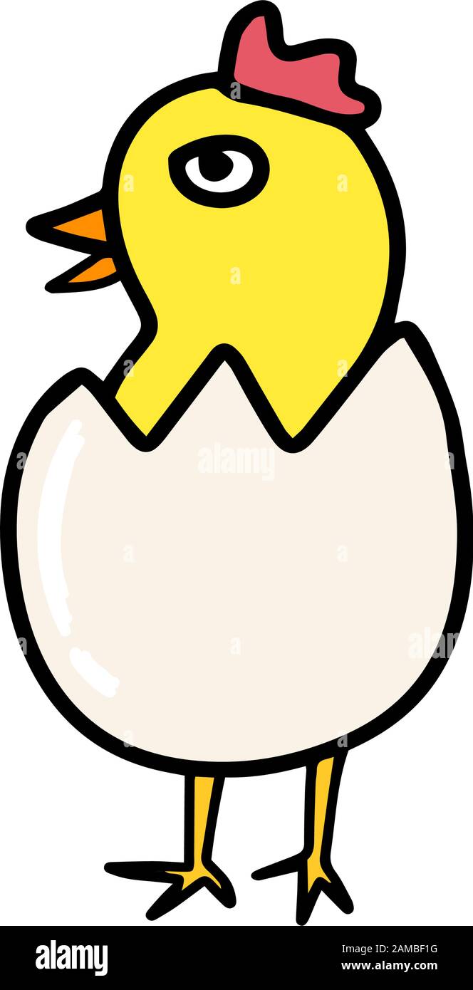 Carino piccolo pulcino hatched da un uovo in stile cartone animato isolato su sfondo bianco.uccello disegnato a mano singola. Illustrazione dello stock vettoriale colorato. Colora Illustrazione Vettoriale