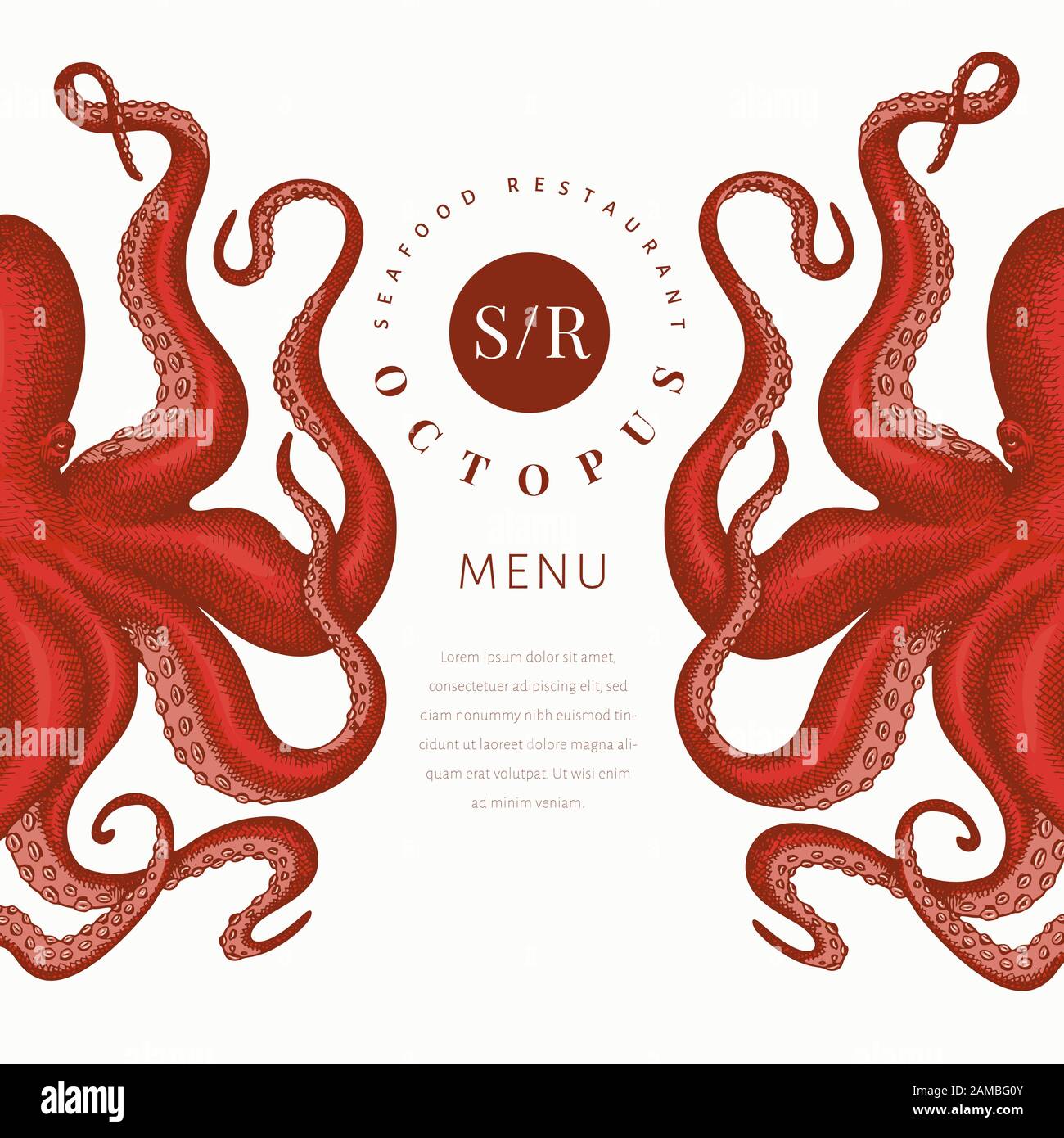 Modello banner color Octopus. Illustrazione di pesce vettoriale disegnato a mano. Calamari di stile inciso. Design menu vintage Illustrazione Vettoriale