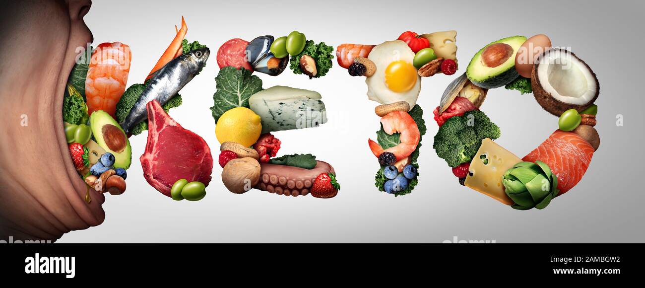 Mangiare il concetto di cibo di Keto come una bocca aperta mordere in ketogenic ingredienti testo dieta come un basso carb e cibo ad alto contenuto di grassi mangiare stile di vita come noci di pesce. Foto Stock