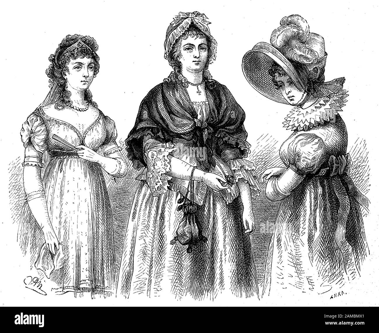 Costumi da donna tedeschi al momento della rivoluzione, tempo di Werther e tempo del congresso di Vienna / deutsche Frauenkostüme zur Zeit der Revolution, zur Zeit von Werther und zur Zeit des Wiener Kongresses, Historisch, Riproduzione digitale migliorata di un originale del 19th secolo / digitale Reproduktion einer Originalvorlage aus dem 19. Jahrhundert, Foto Stock