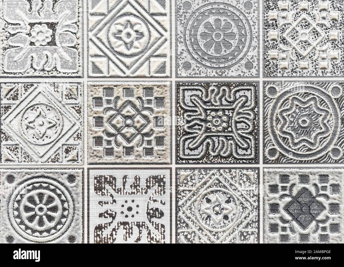 Piastrelle in ceramica con ornamento volumetrico grigio. 3D sfondo piastrelle in ceramica. Foto Stock