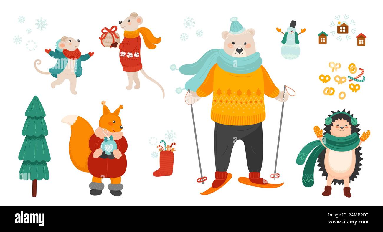 Pacchetto di simboli per le vacanze invernali. Set di illustrazioni vettoriali per celebrazione natalizia. Animali carini isolati caratteri su sfondo bianco. Illustrazione Vettoriale