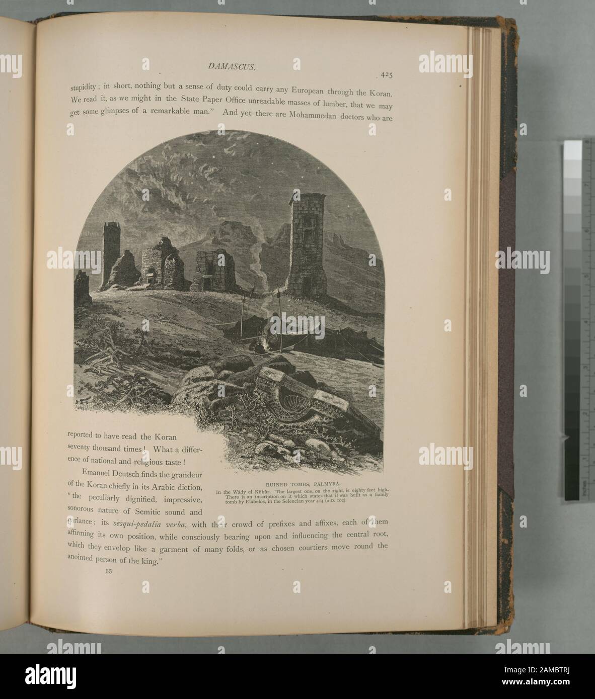 Tombe rovinate, Palmyra, nel Wâdy el Kûbûr il più grande, sulla destra, è alto 80 piedi Vi è un'iscrizione che afferma che è stato costruito come una tomba di famiglia da Elabelos, nel colonnello Wilson, ed.; tombe Rovinate, Palmyra, nel Wâdy el Kûbûr. Quello più grande, sulla destra, è alto 80 piedi. Vi è un'iscrizione su di essa che afferma che fu costruita come tomba di famiglia da Elabelos, nell'anno Seleuciano 414 (d.C. 102). Foto Stock