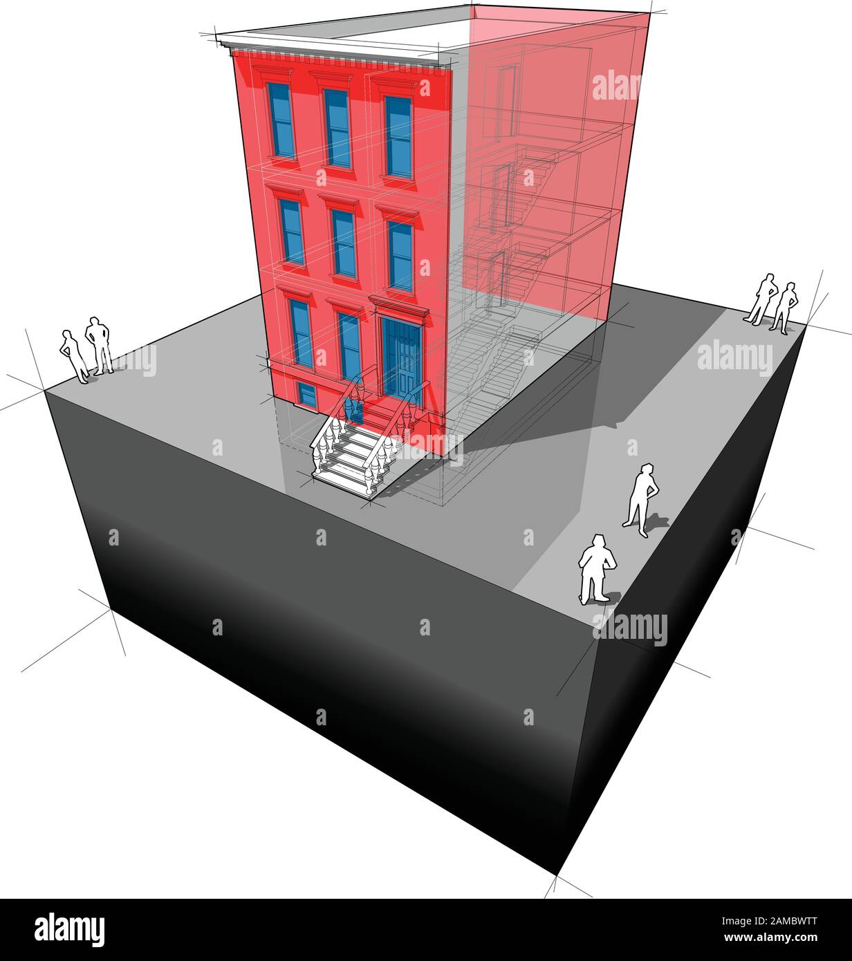 Diagramma di una tipica casa cittadina americana in pietra marrone con isolamento a parete aggiuntivo e nuove finestre per migliorare l'efficienza energetica dell'edificio Illustrazione Vettoriale
