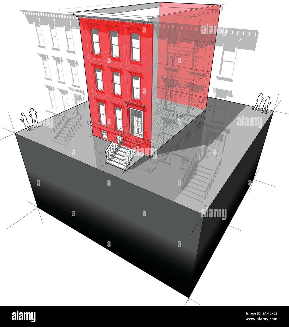 Diagramma di una tipica casa cittadina americana con isolamento a parete aggiuntivo - per migliorare l'efficienza energetica dell'edificio Illustrazione Vettoriale