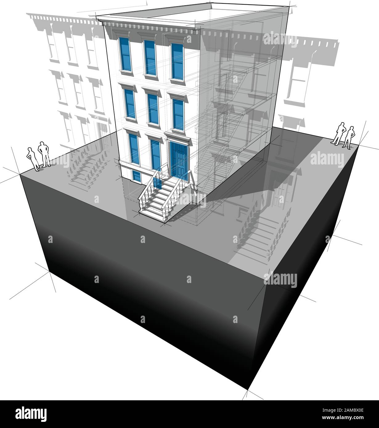 Diagramma di una tipica casa cittadina americana con nuove finestre e porte per migliorare l'efficienza energetica dell'edificio Illustrazione Vettoriale