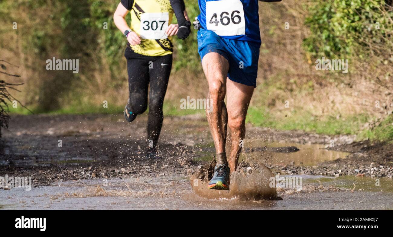 Gambe e piedi di due corridori maschi bianchi che spruzzano sopra una pozza fangosa in una mezza maratona invernale gara di fondo indossare i pettini con i numeri di gara Foto Stock
