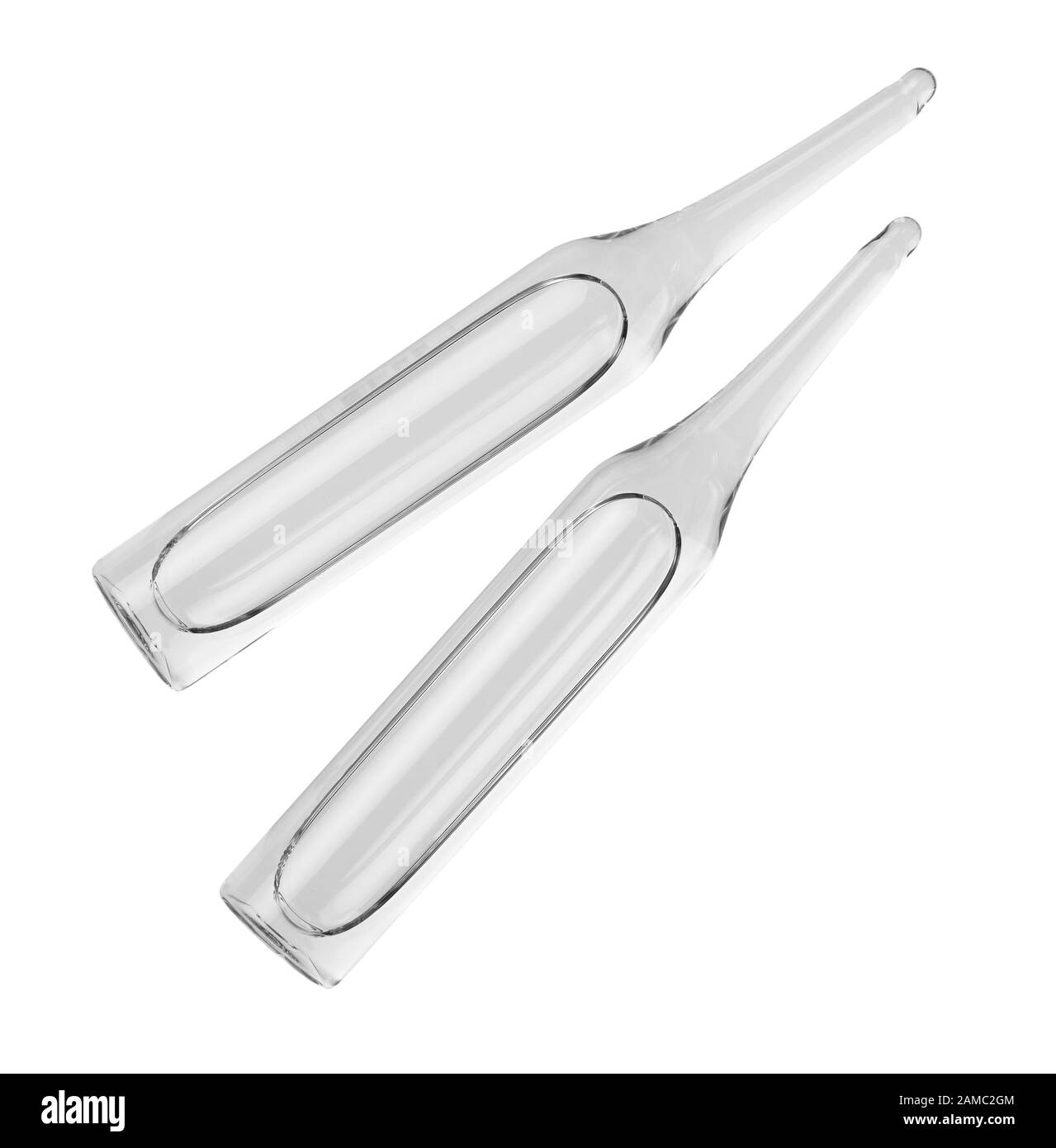 Fiale. Capsule trasparente con il liquido su sfondo bianco. Medicamento per la cura della salute. Industria farmaceutica. Farmacia. Foto Stock