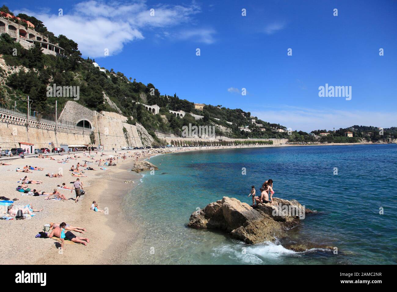Spiaggia, Villefranche Sur Mer, Costa Azzurra, Costa Azzurra, Alpi Marittime, Provenza, Francia, Europa Foto Stock