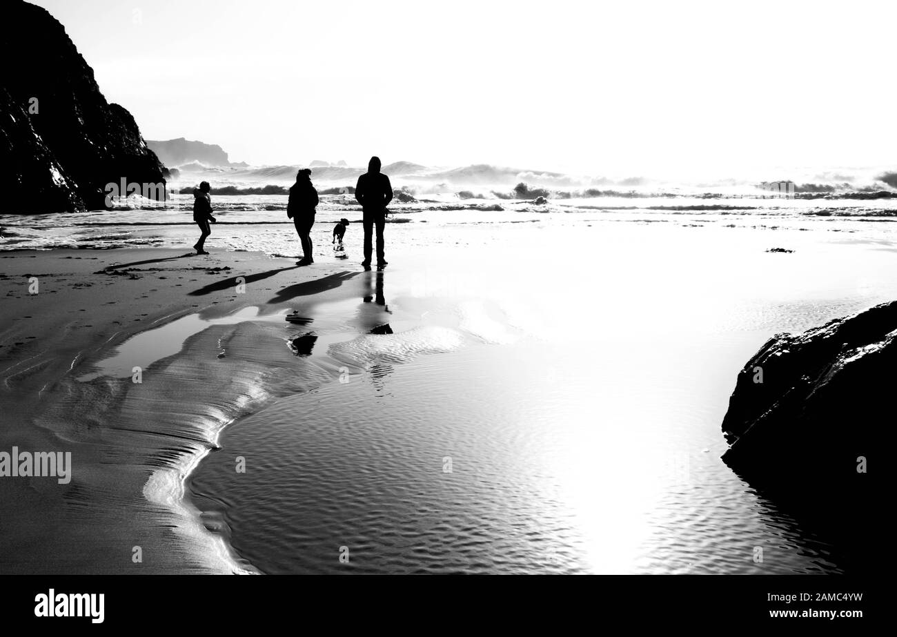 Tre persone e un cane silhouette sulla spiaggia a Kynance Cove, Cornovaglia, in bianco e nero e con alto contrasto Foto Stock