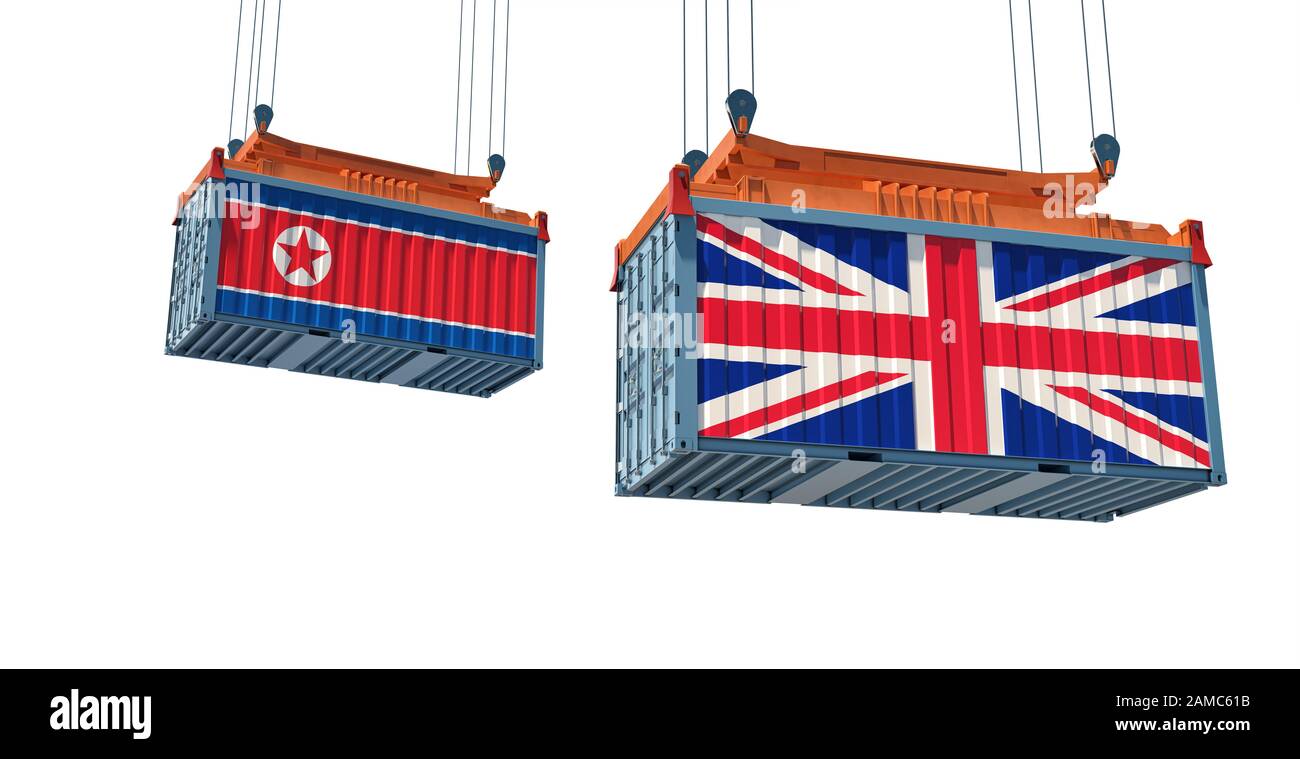 Contenitore per trasporto con il Regno Unito e la Corea del Nord bandiera. Il rendering 3D Foto Stock