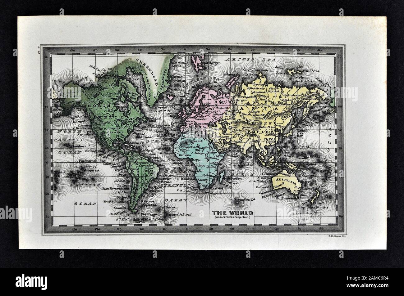 1834 Carey mappa del mondo sulla proiezione di Mercatore la proiezione Foto Stock
