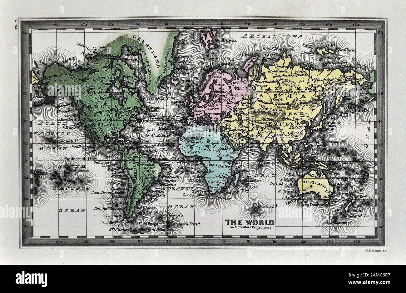 1834 Carey mappa del mondo sulla proiezione di Mercatore la proiezione Foto Stock