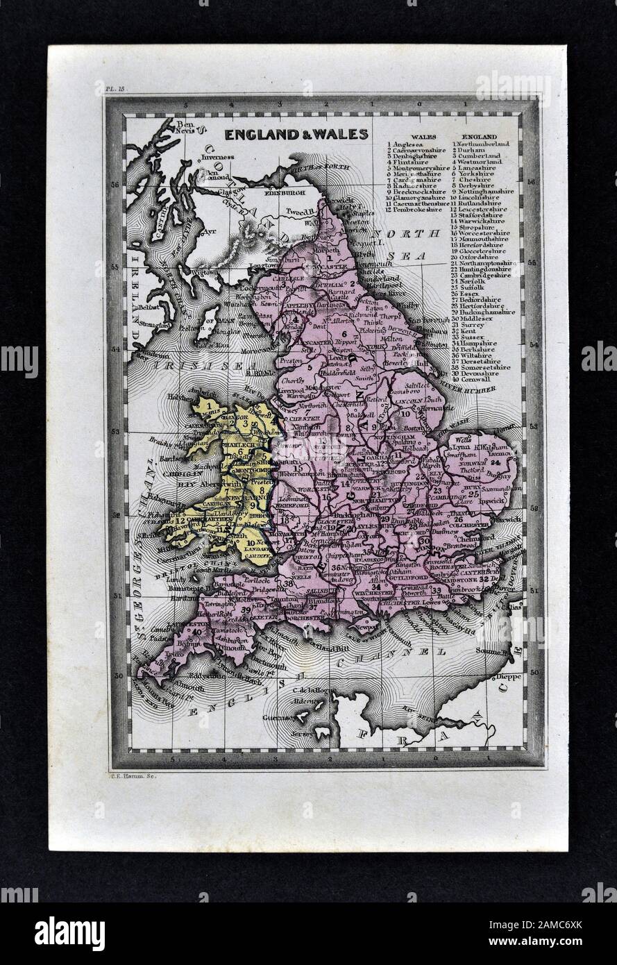 1834 Carey Mappa Inghilterra Galles Gran Bretagna Regno Unito Regno unito Londra Liverpool Manchester Cornwall Oxford Ipswich Foto Stock
