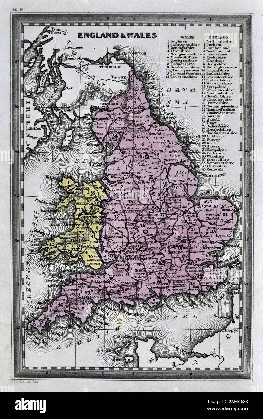 1834 Carey Mappa Inghilterra Galles Gran Bretagna Regno Unito Regno unito Londra Liverpool Manchester Cornwall Oxford Ipswich Foto Stock