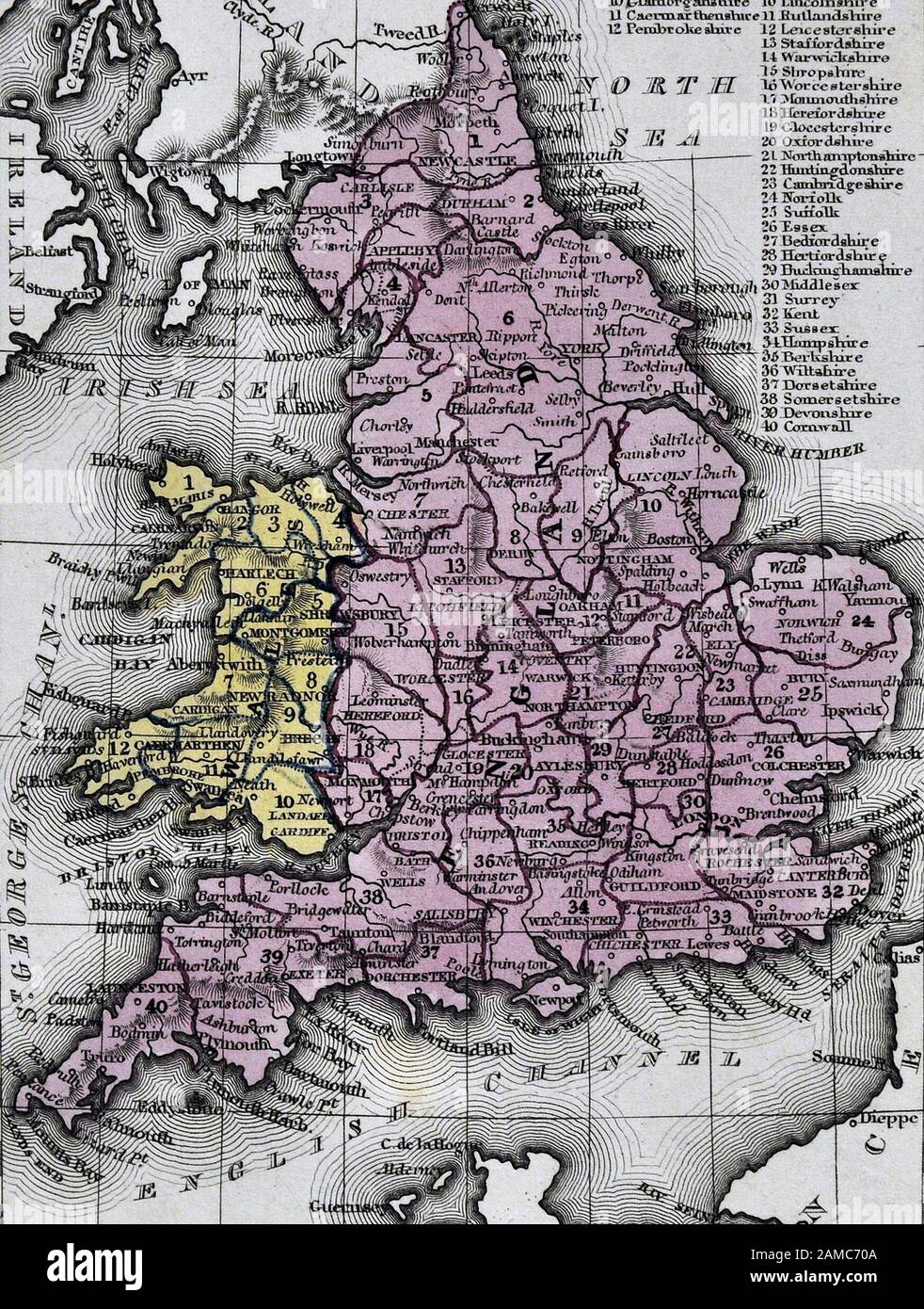 1834 Carey Mappa Inghilterra Galles Gran Bretagna Regno Unito Regno unito Londra Liverpool Manchester Cornwall Oxford Ipswich Foto Stock