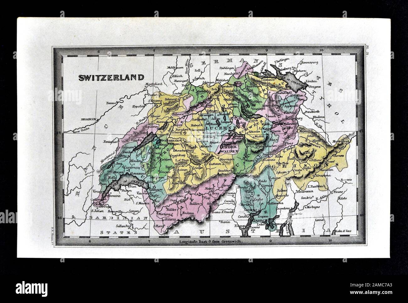 1834 Carey Mappa della Svizzera Lucerna Ginevra Zurigo Berna Alpi Svizzere Foto Stock