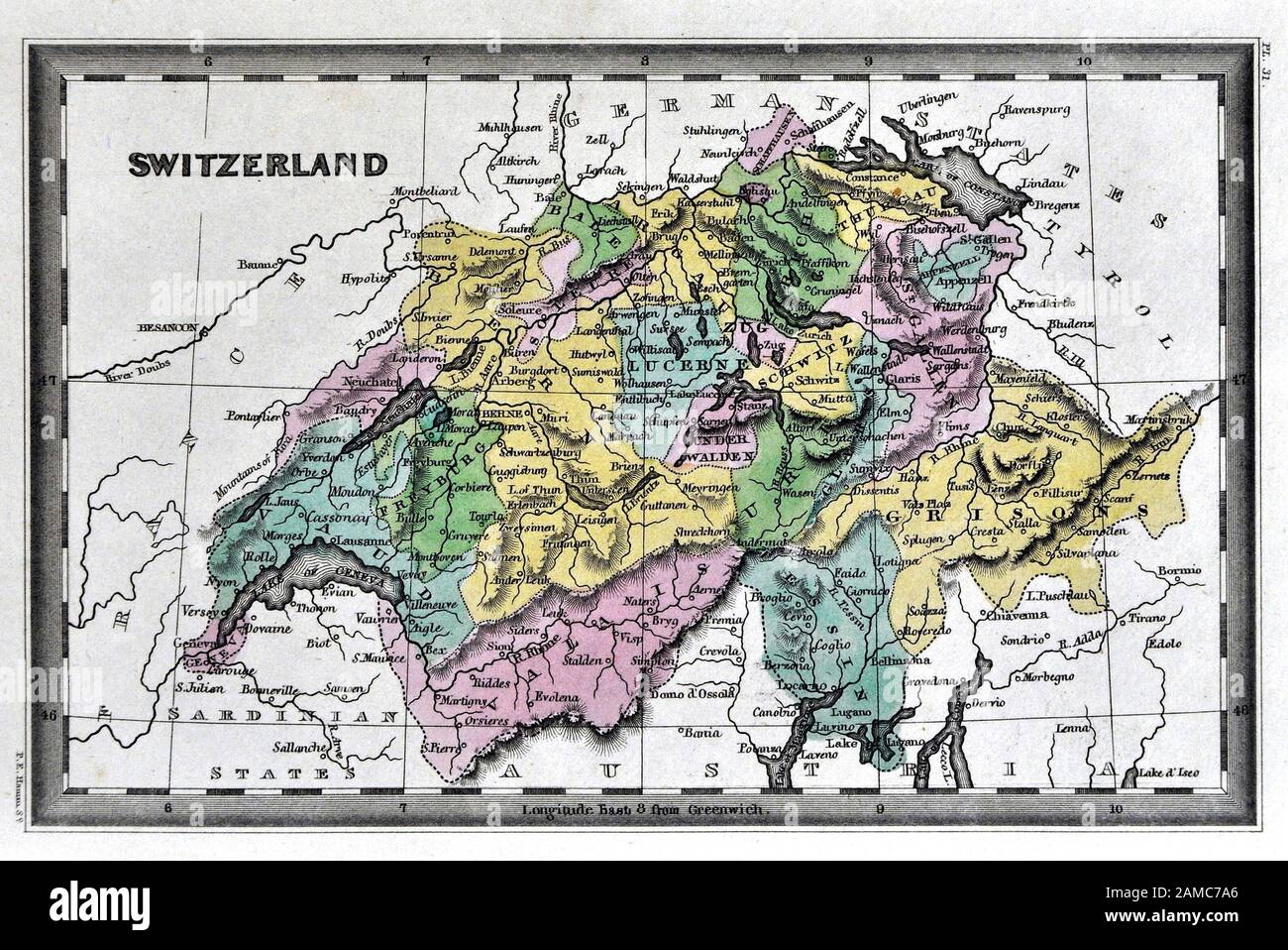 1834 Carey Mappa della Svizzera Lucerna Ginevra Zurigo Berna Alpi Svizzere Foto Stock