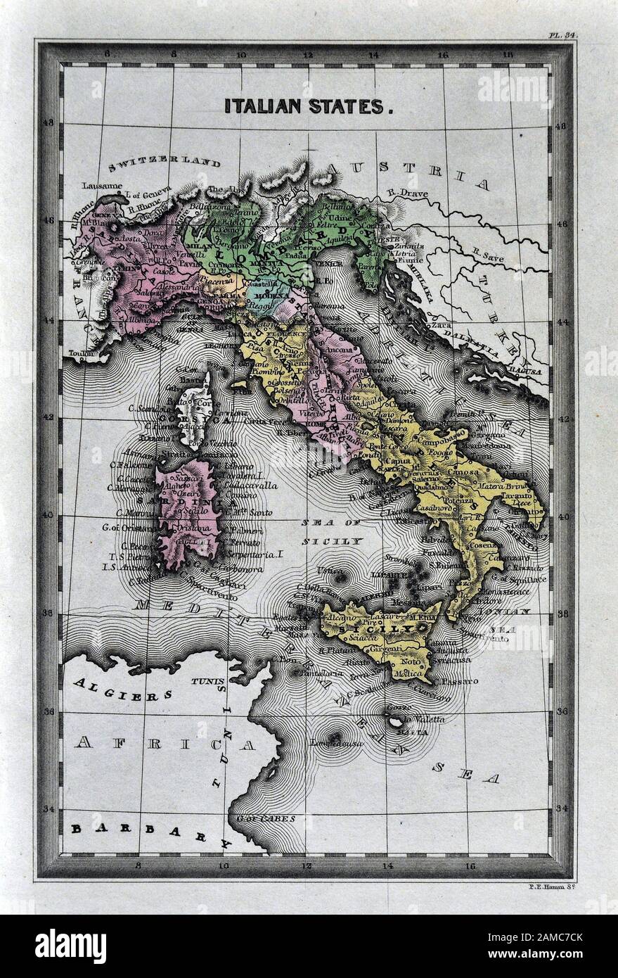 1834 Carey Mappa di Italia Roma Firenze Napoli Venezia Sicilia Foto Stock