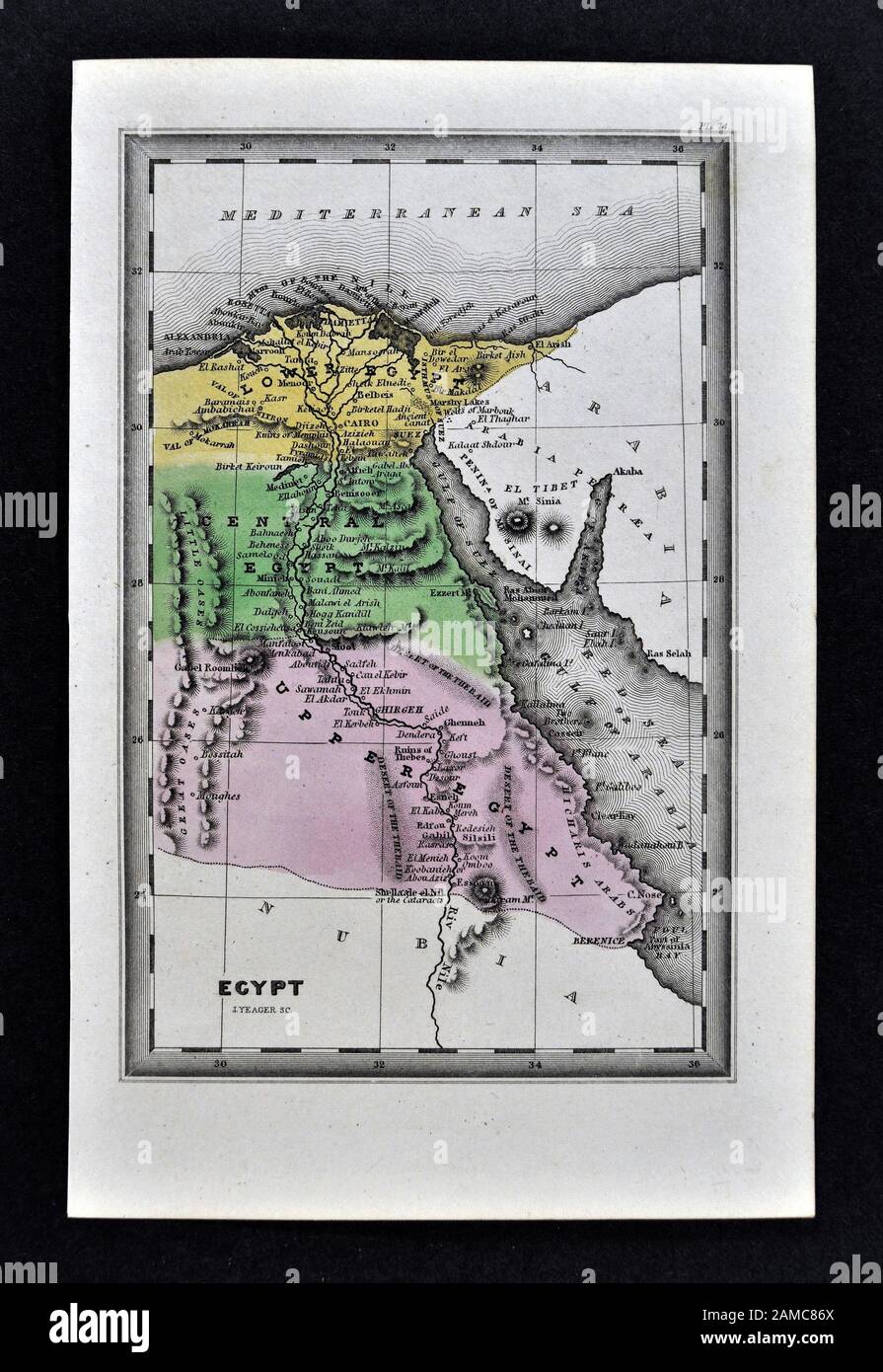 1834 Carey Mappa di Egitto che mostra il Cairo Alessandria Memphis rovine piramidi Foto Stock