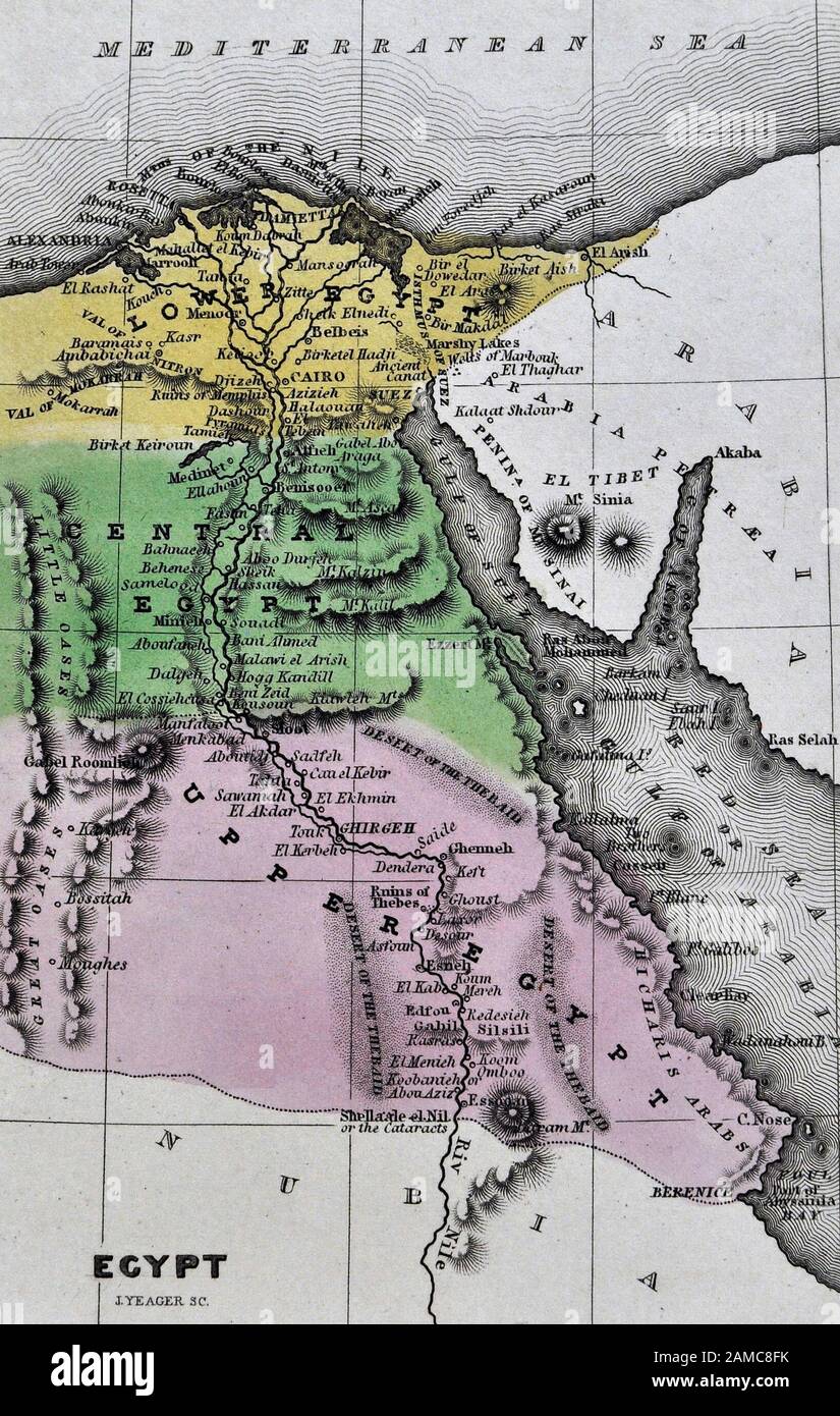 1834 Carey Mappa di Egitto che mostra il Cairo Alessandria Memphis rovine piramidi Foto Stock