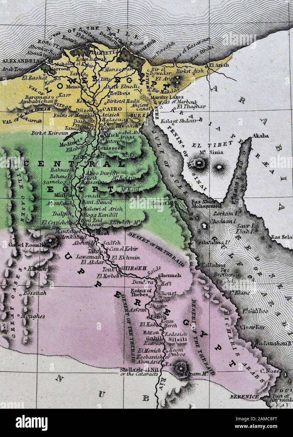 1834 Carey Mappa di Egitto che mostra il Cairo Alessandria Memphis rovine piramidi Foto Stock