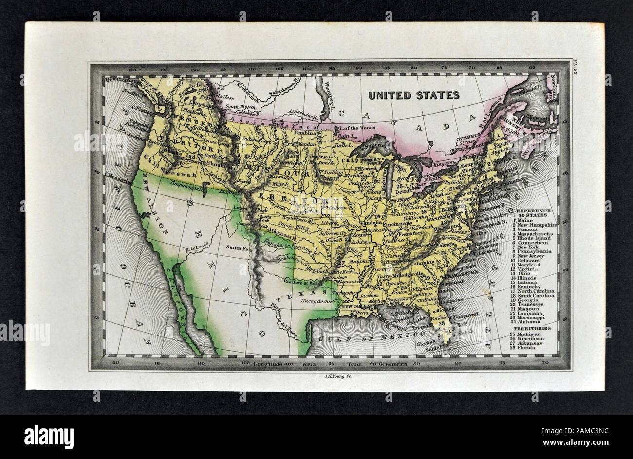 1834 Carey mappa degli Stati Uniti d America e Territori Occidentali Foto Stock