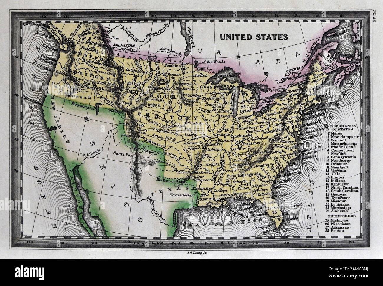 1834 Carey mappa degli Stati Uniti d America e Territori Occidentali Foto Stock