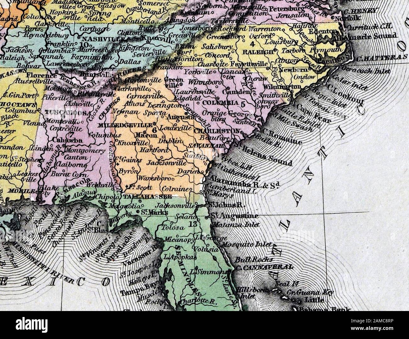 1834 Carey Mappa Stati Uniti d'America Sud degli Stati Uniti tra cui Virginia Alabama Georgia Louisiana Mississippi Arkansas Tennessee Kentucky Carolina del Nord e del Sud Foto Stock