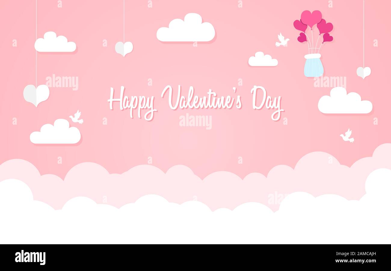 Concetto di design Happy Valentine's Day, composizione romantica in stile cartaceo, illustrazione vettoriale su sfondo rosa Illustrazione Vettoriale