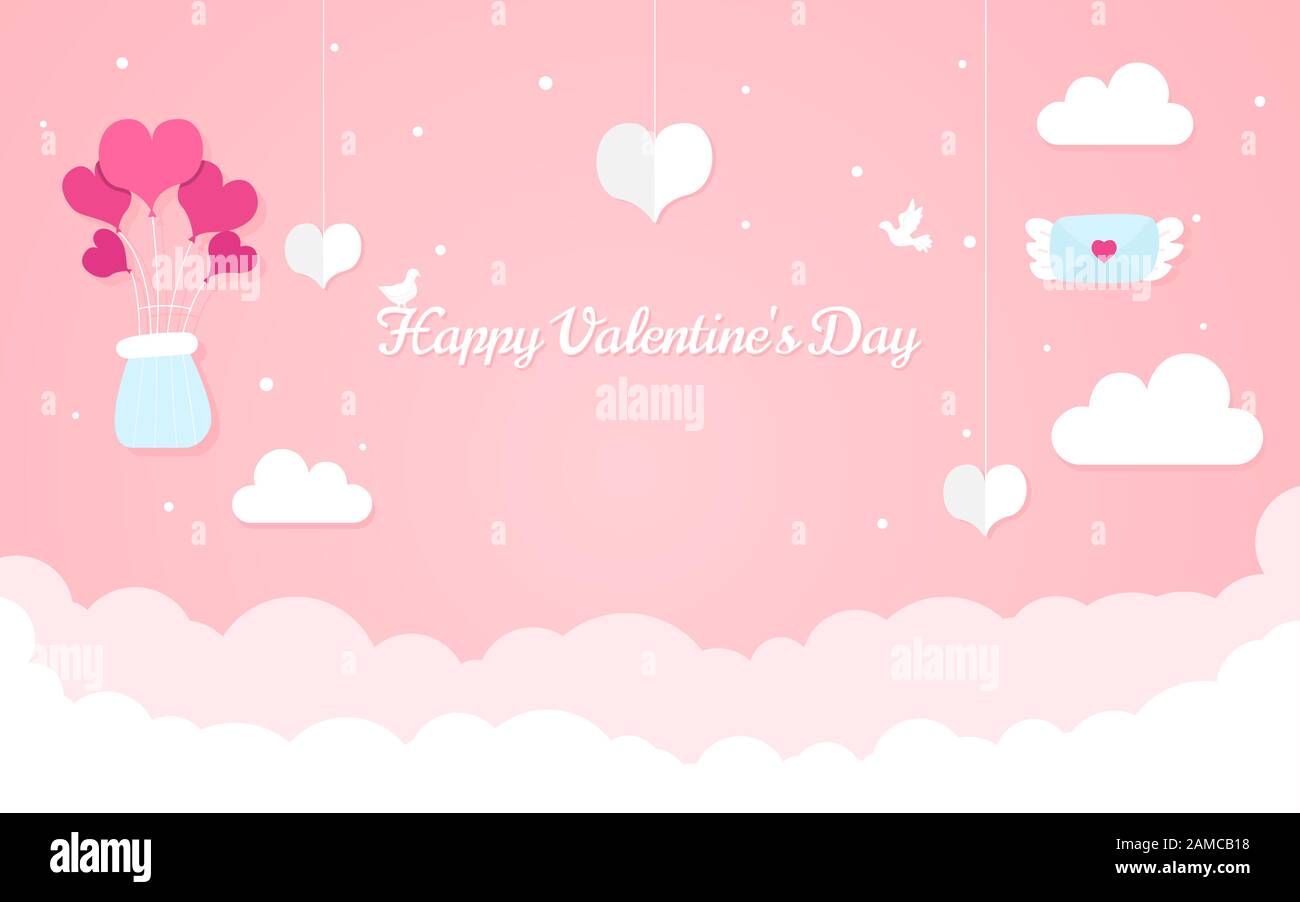 Concetto di design Happy Valentine's Day, composizione romantica in stile cartaceo, illustrazione vettoriale su sfondo rosa Illustrazione Vettoriale