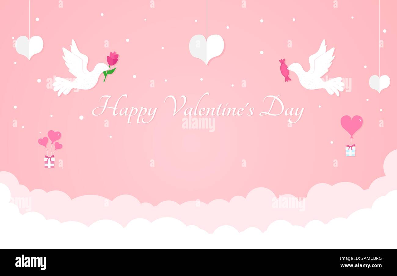 Concetto di design Happy Valentine's Day, Due piccioni che volano nel cielo, composizione romantica in stile cartaceo, illustrazione vettoriale su sfondo rosa Illustrazione Vettoriale