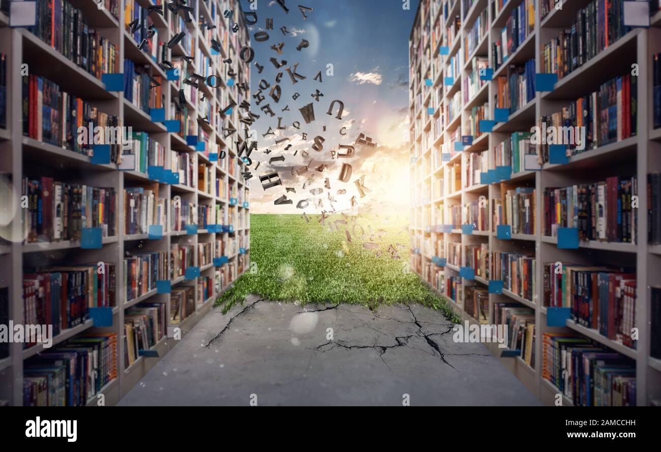 Nuovo mondo nascosto dietro la biblioteca. I libri aprono la mente per l'immaginazione Foto Stock