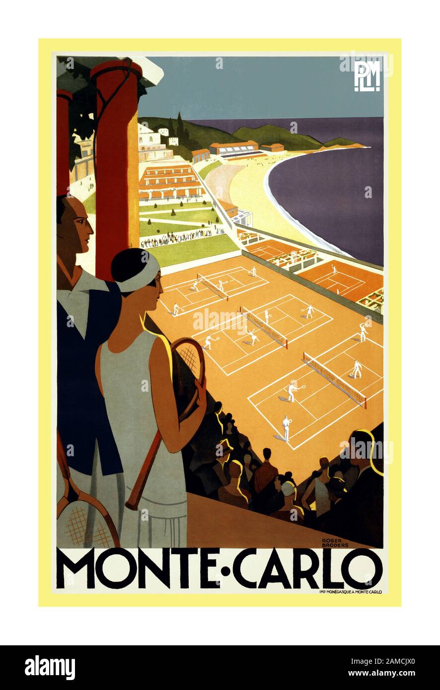 Monte-Carlo degli anni '30, poster di viaggio per PLM, ca. 1930 Monte-Carlo. Poster di viaggio di Roger Broders mostra una coppia guardando i giochi di tennis vicino al Mediterraneo. Litografia di Imp. Monegasques, Monte Carlo, Ca. 1930. Foto Stock