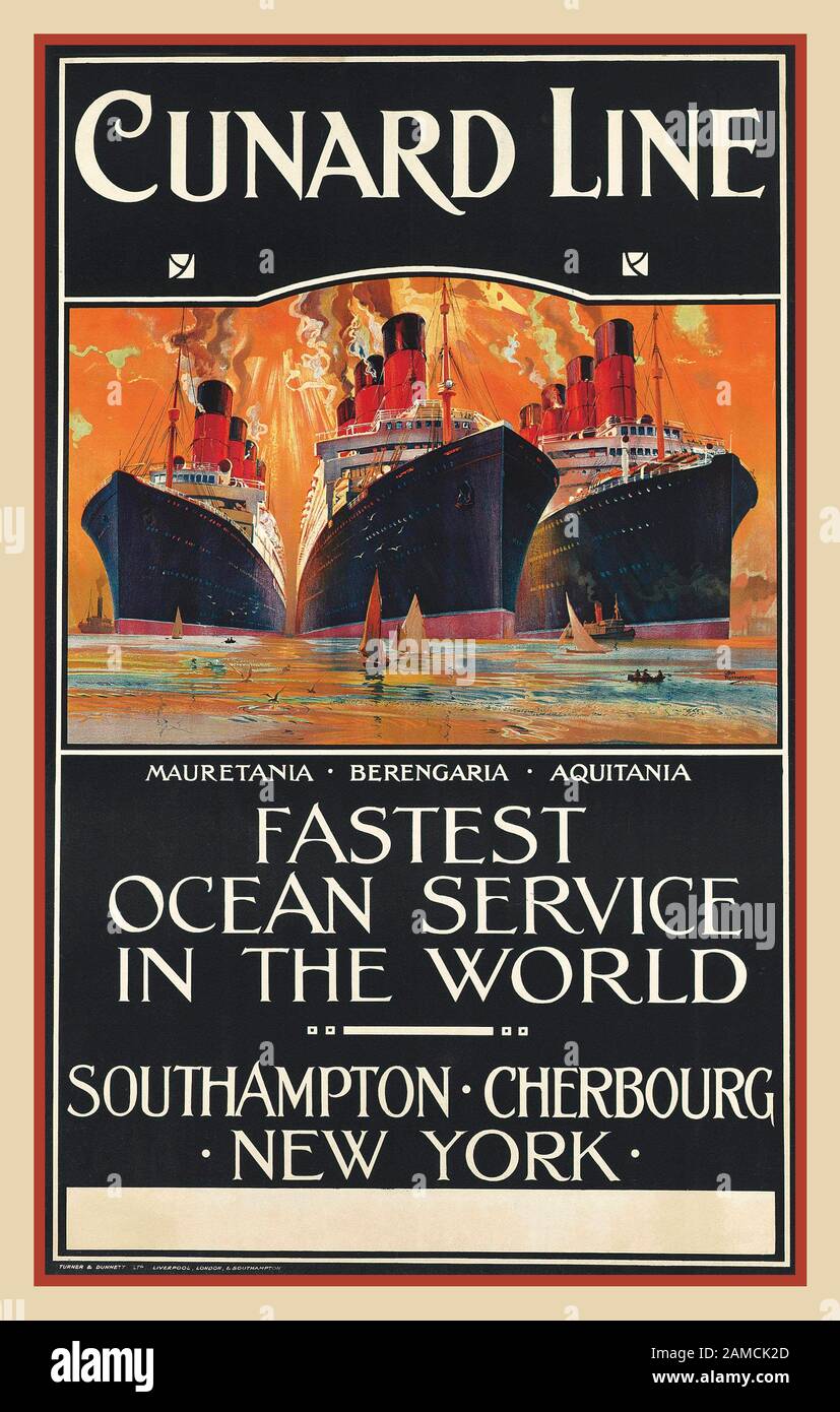 Vintage CUNARD LINE 1914 Poster Cunard Ocean Liners by Odin Rosenvinge (1880-1957) CUNARD LINE, ‘IL SERVIZIO OCEAN PIÙ VELOCE al MONDO’ MAURETANIA, BERENGARIA, LITOGRAFIA AQUITANIA a colori, c. Foto Stock