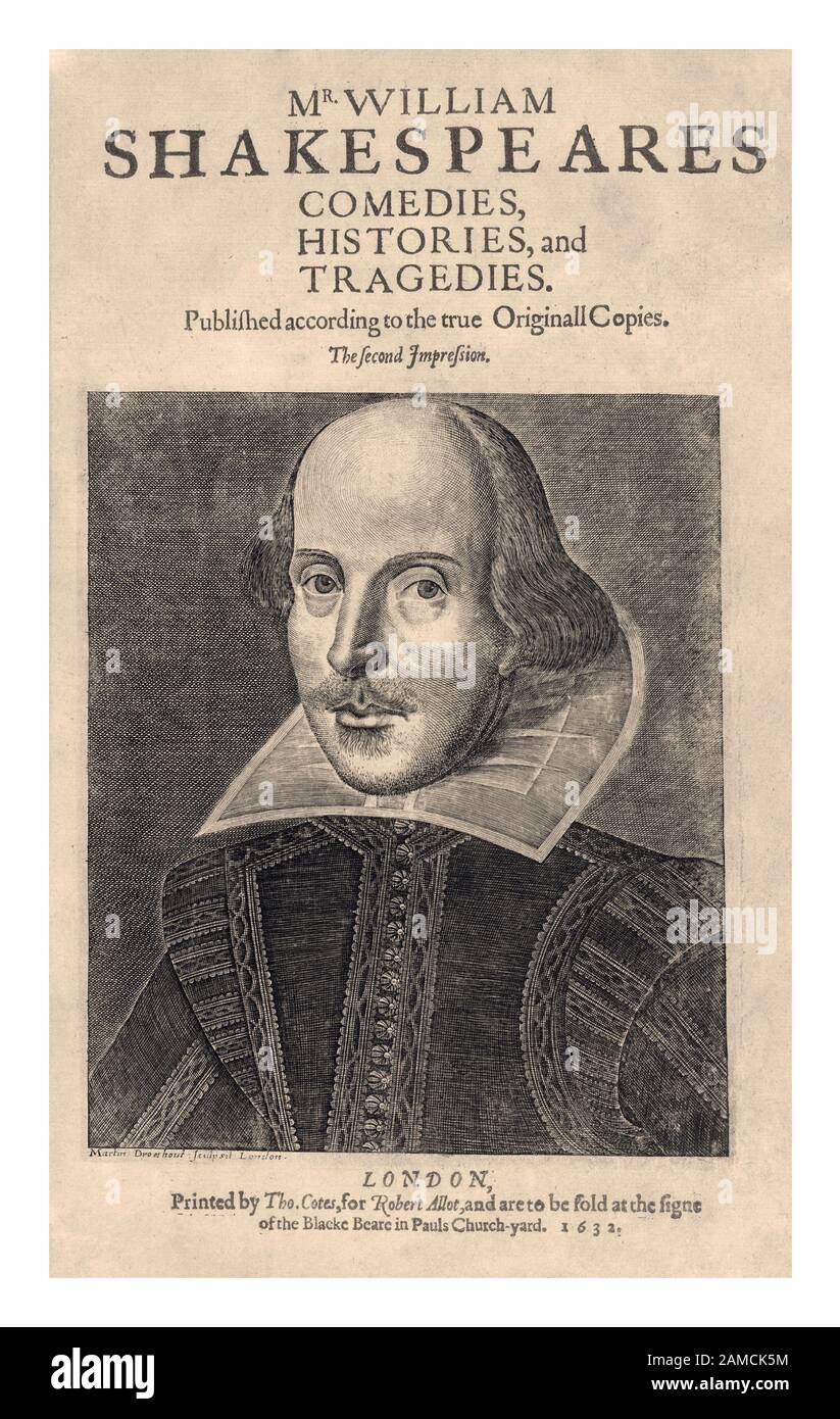 Il primo FRONTESPIZIO Folio 17° C di William Shakespeare stampato nel 1632 William Shakespeare. Commedie, storie e tragedie di Shakespeare. Pubblicato secondo le copie originali. Londra, stampata da Isaac Iaggard e ed. Blount, incisione dell'artista Martin Droeshout, 1632 The Droeshout Portrait or Droeshout Engraving è un ritratto di William Shakespeare inciso da Martin Droeshout come frontespizio per il frontespizio della prima raccolta Folio di opere di Shakespeare, pubblicata nel 1632. È una delle sole due opere d'arte identificabili definitivamente come raffigurazione del poeta. Foto Stock