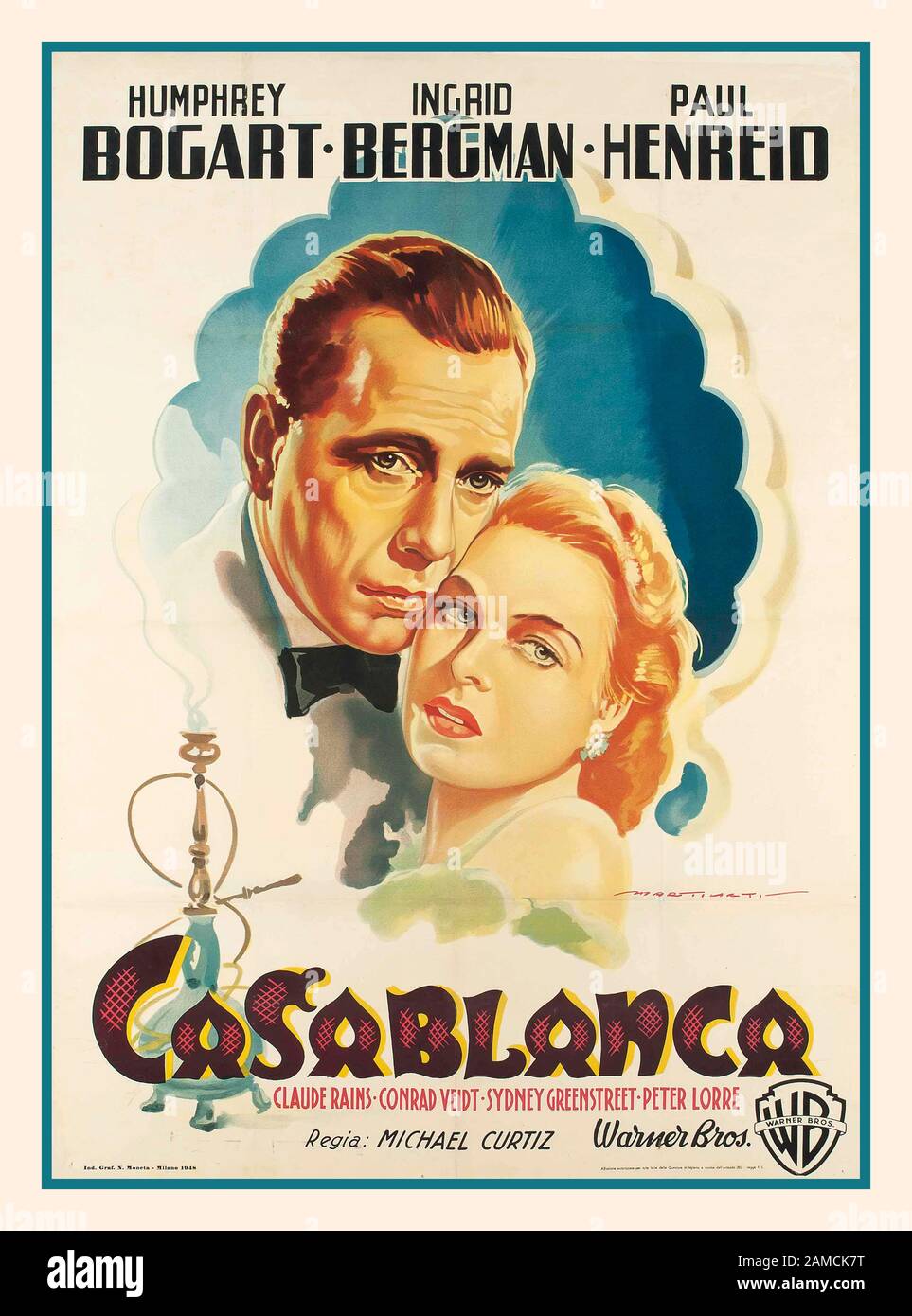 Il Film Poster D'Epoca 1948 Warner Bros. Di Casablanca 1940, Dell'Artista Luigi Martinati Starring Humphrey Bogart, Ingrid Bergman, Paul Henreid, Claude Rains, Conrad Veidt, Sydney Greenstreet, Peter Lorre Foto Stock