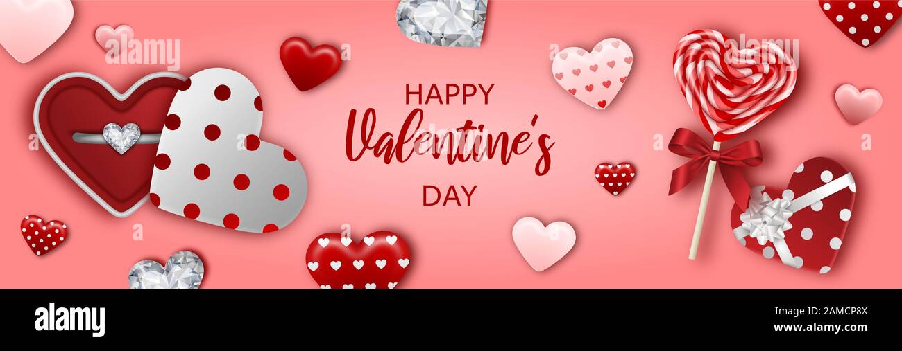 banner di san valentino con scatole regalo a forma di cuore, cuori, diamanti Foto Stock