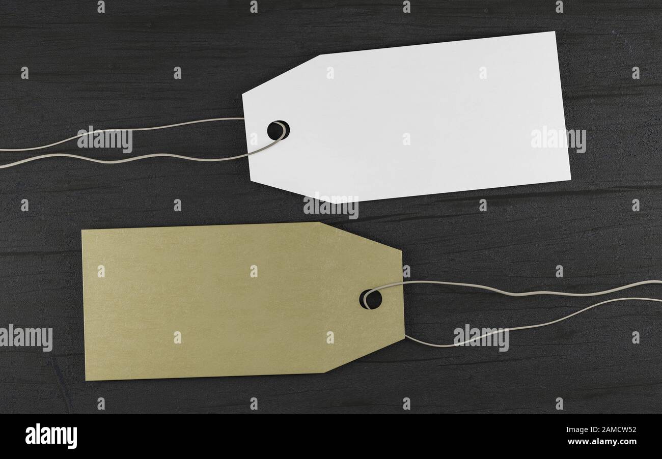 Tag vuoti legati. Etichette di prezzo, etichette regalo, etichette di vendita, etichette indirizzi. rappresentazione dell'illustrazione 3d Foto Stock