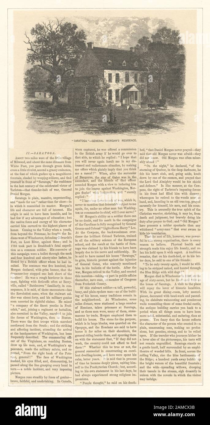 Saratoga - i numeri dei volumi di residenza della General Morgan qui riportati si riferiscono ai numeri dei volumi originali della pubblicazione, non della pubblicazione di Lossing. I centri di stampa includono H.B. Hall, J.B. Longacre, A.H. Ritchie e Max Rosenthal. Titolo dalla pagina del titolo del volume extra-illustrato. EM6560A; Saratoga : residenza della General Morgan. Foto Stock