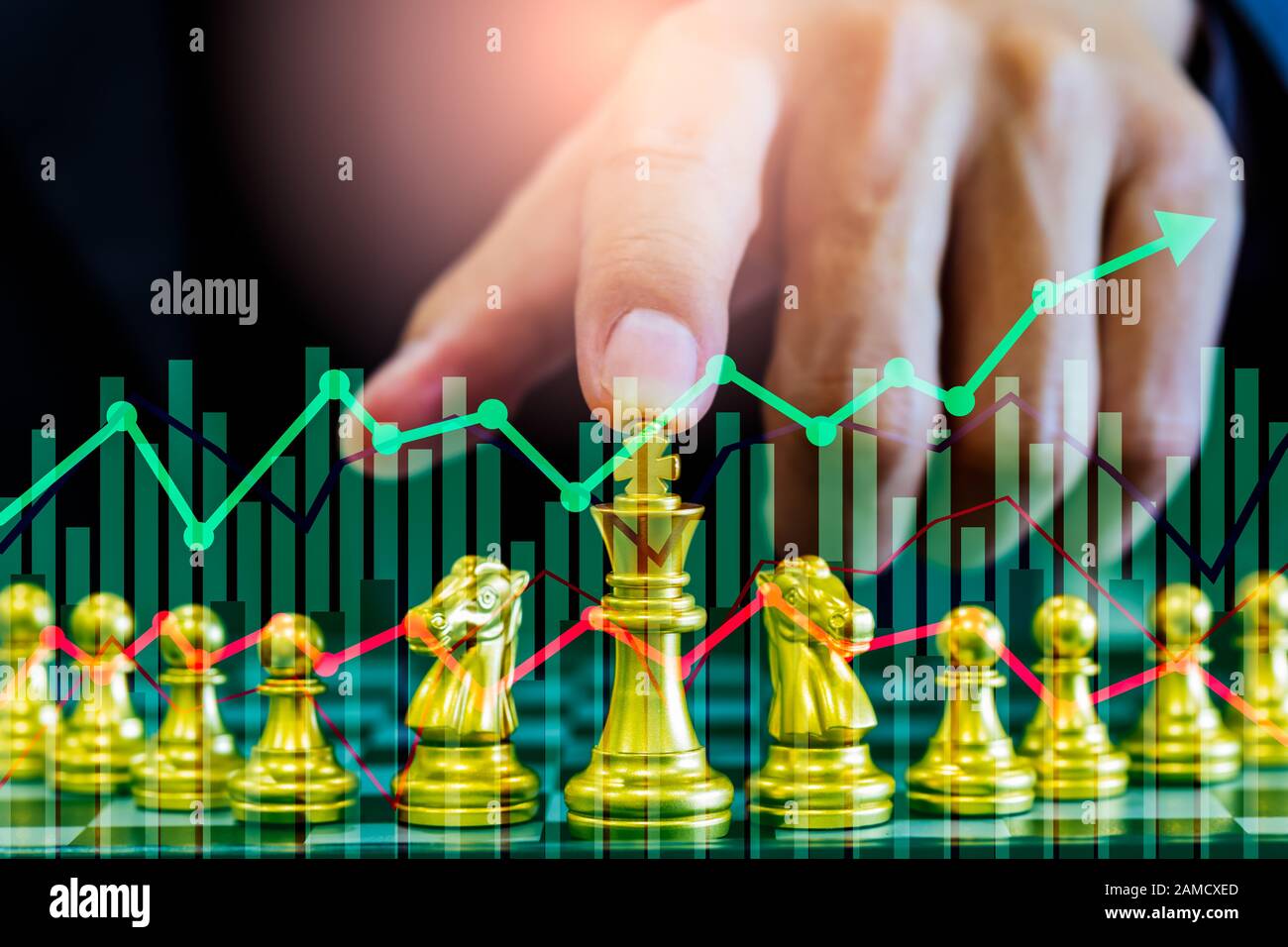 Gioco di scacchi sulla scacchiera sul mercato azionario o grafico commerciale forex per il concetto di investimento finanziario. Tendenze economiche per il marketing digitale aziendale Foto Stock