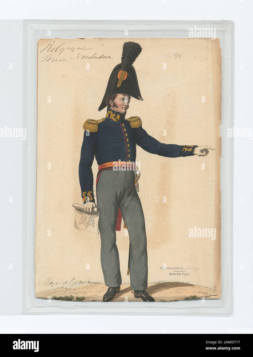 Soldato in uniforme - giacca blu con bottoni d'oro e spalline, sash d'arancia  e pantaloni grigi Proprietà : Fondo Draper (571238) Olanda, Maggiore degli  ingegneri, 1823 (Teupken); Soldato in uniforme : giacca