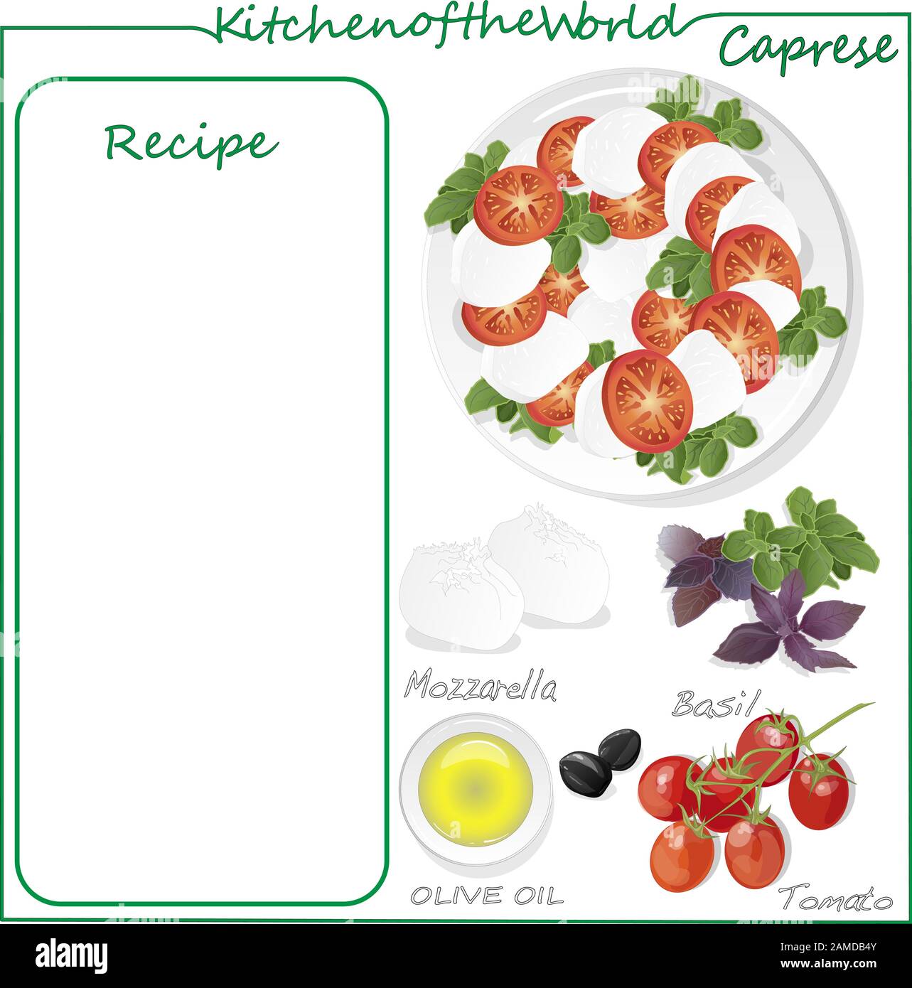 Illustrazione vettoriale del menu deliziosa insalata caprese con pomodori  maturi e mozzarella con foglie di basilico fresco. Cibo italiano isolato su  bianco b Immagine e Vettoriale - Alamy