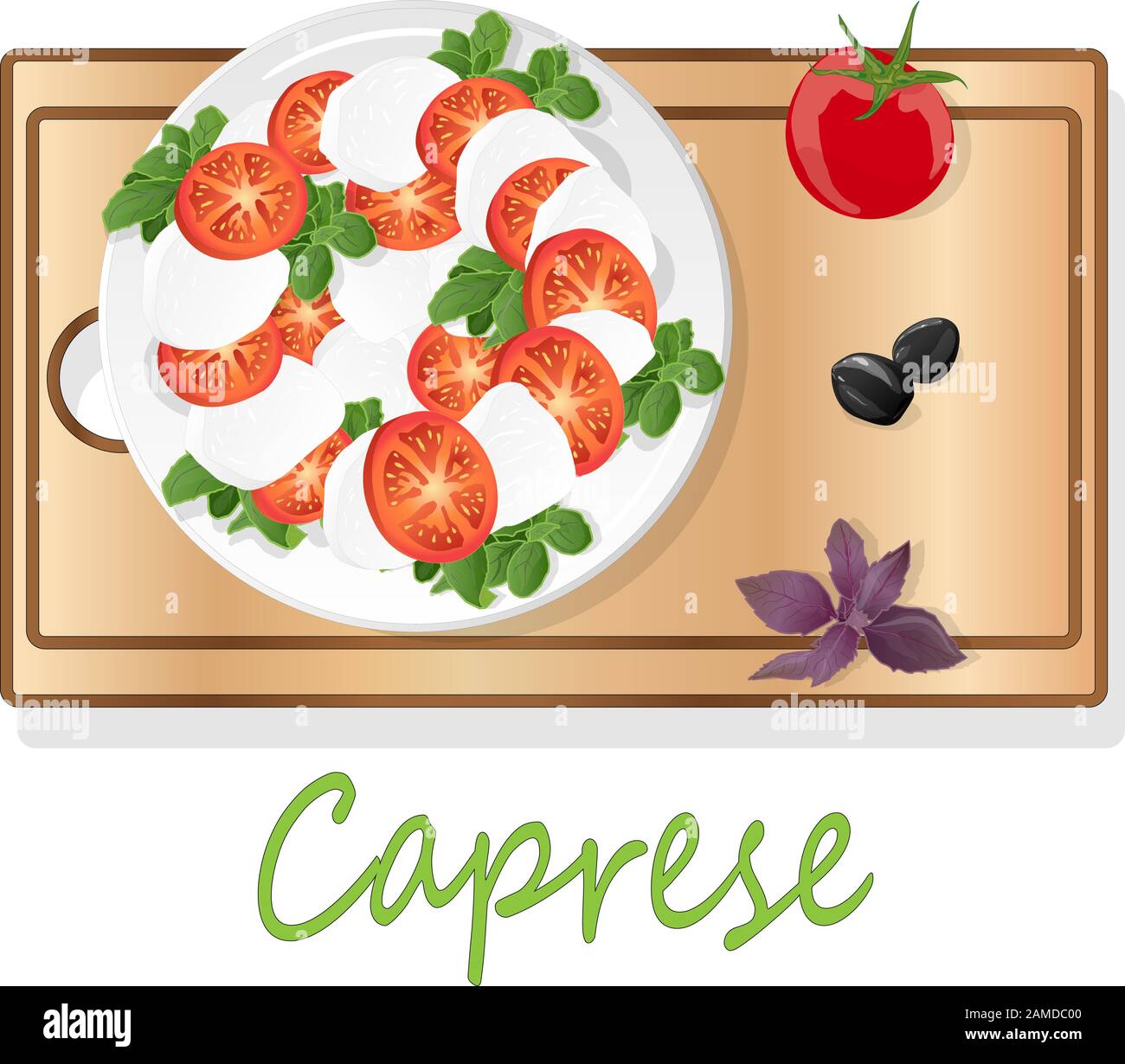 Illustrazione vettoriale della deliziosa insalata caprese con pomodori maturi e mozzarella con foglie di basilico fresco. Cibo italiano isolato su dorso bianco Illustrazione Vettoriale