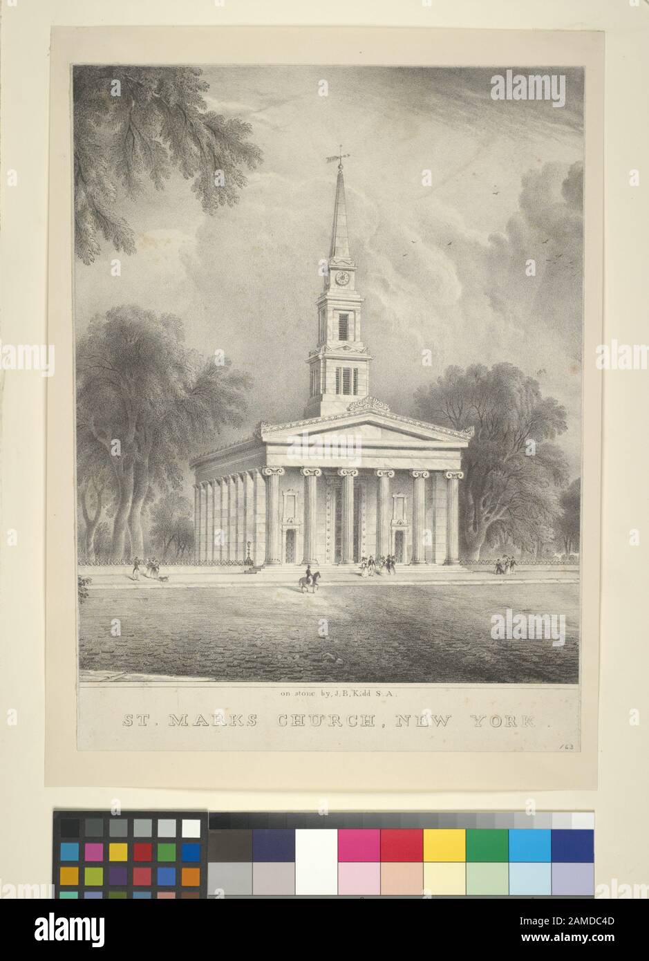 St Mark's Church, New York Citation/Reference: ENO 163 Lati tagliati fuori, portando via i nomi del progettista, A. J. Davis e litographer, Bufford, 114 Nassau St.--Weitenkampf Data disegnato il 5 febbraio 1836, secondo le registrazioni dell'artista, dice suo figlio, Joseph B. Davis. . .--Weitenkampf; Chiesa Di San Marco, New York Foto Stock